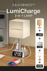 SavorNest™ LumiCharge – Bedside Lamp with USB Ports, AC Outlets & Digital Clock