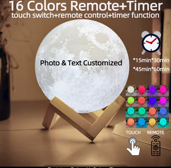 Personalized 3D Moon Lamp Night Light – Custom Photo & Text | 16 Colors, Remote & Timer