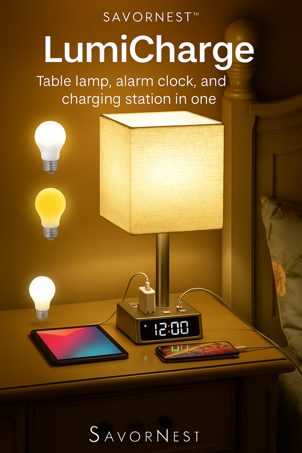 SavorNest™ LumiCharge – Bedside Lamp with USB Ports, AC Outlets & Digital Clock