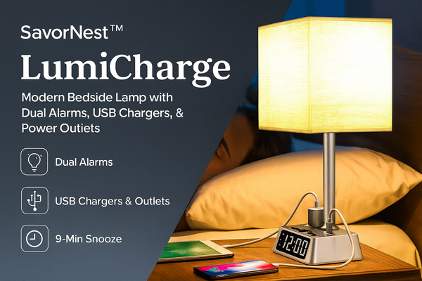 SavorNest™ LumiCharge – Bedside Lamp with USB Ports, AC Outlets & Digital Clock